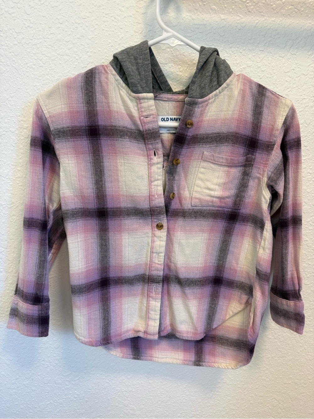 Old Navy Pink, Gray & White Plaid Hooded Button-Down Shirt